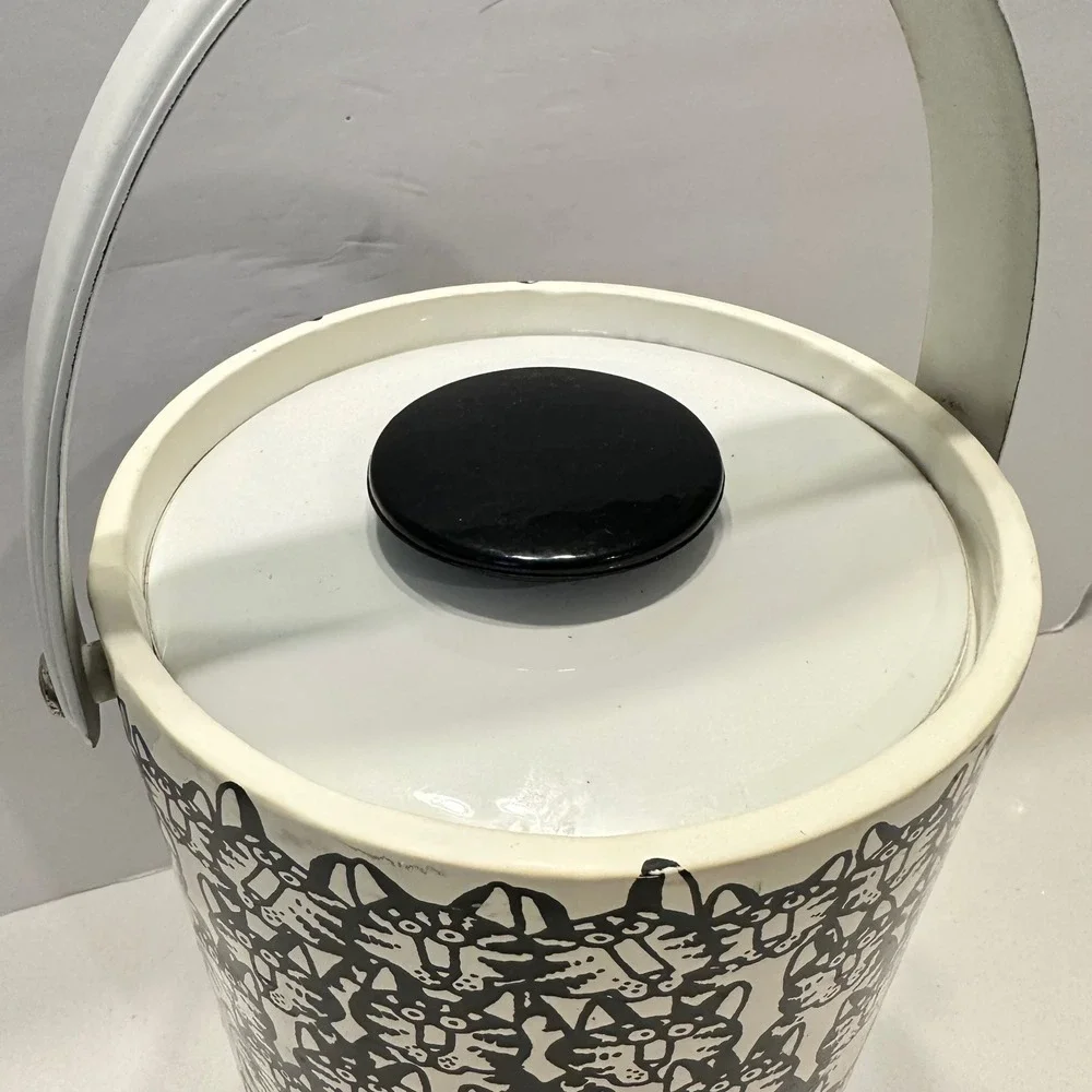Vintage B Kliban Cat Crowd Ice Bucket White Black Retro Barware Insulated Lid